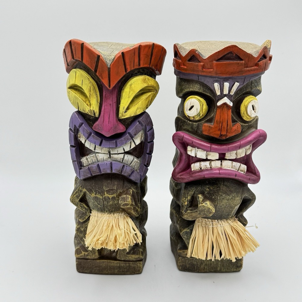 Set of 2 Carved Wooden Tiki Figures Polynesian Island Decor 10" - Picture 1 of 8